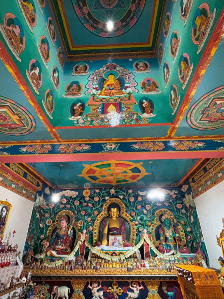 Statues of Buddha and Padamsambhav inside Sangla Monastery