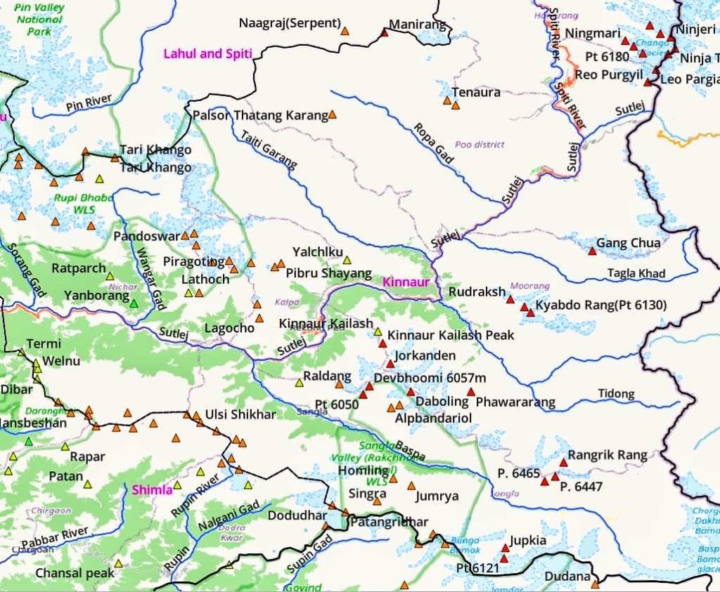 Map of Himalayan peaks in Kinnaur district