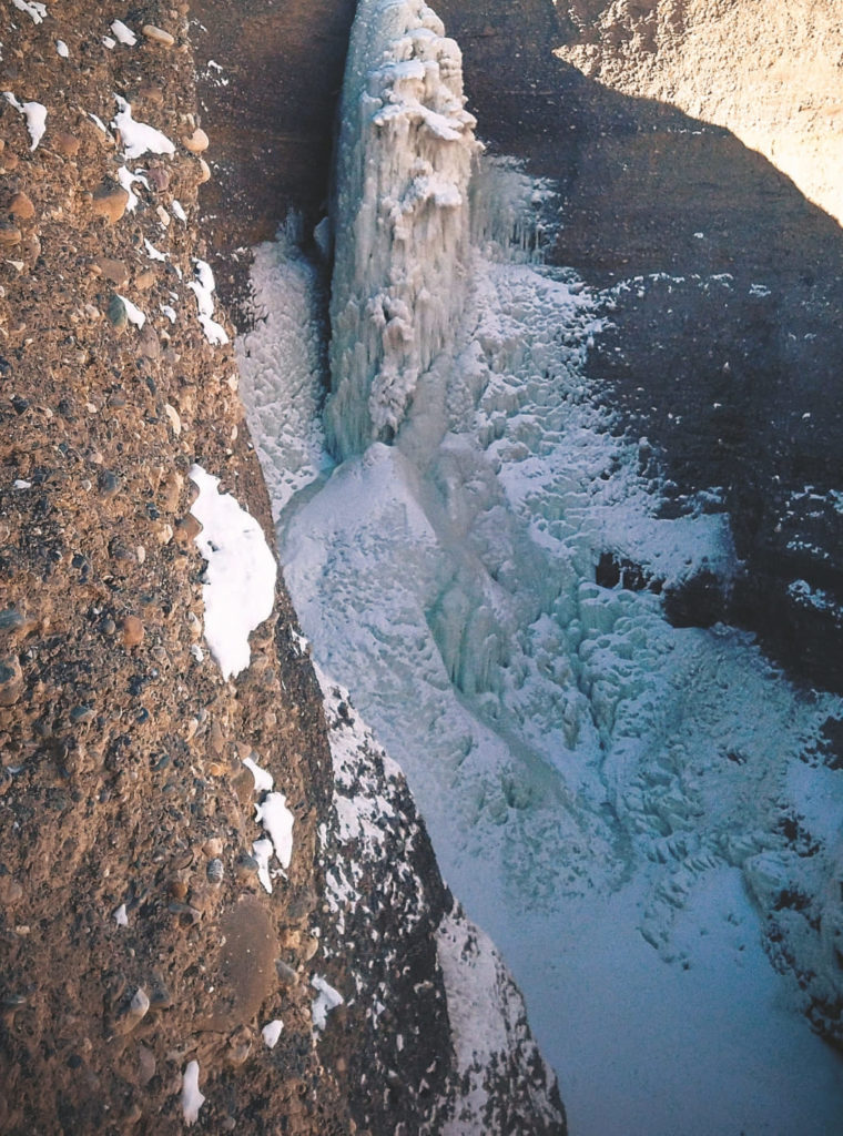 The first frozen waterfall in Sheela Nala gorge of Spiti