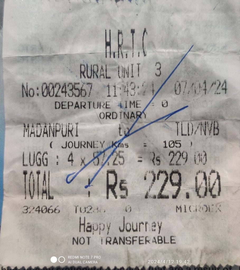 HRTC bus ticket from Madanpuri (Tikkar) to Shimla