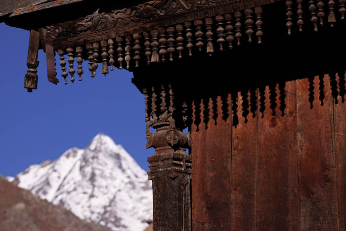 A wooden temple wind chimes in Chitkul 