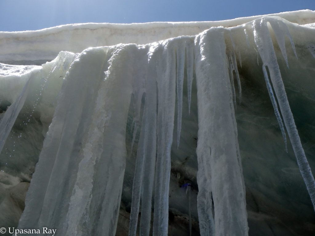 Huge icicles near Baspa glacier ice cave 