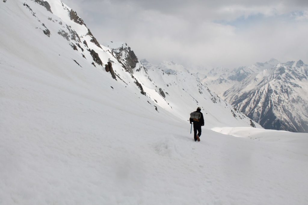 Descending down on glacier slope to Chitkul
