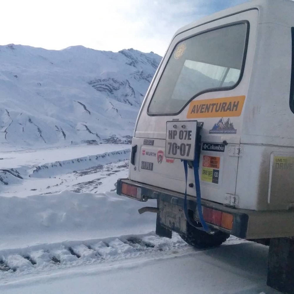 Driving car on icy roads of Spiti valley