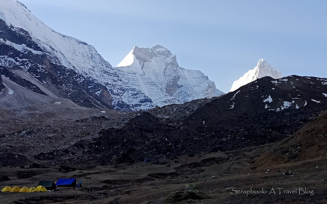 Glimpse of Mt Bhrigupanth and Mt Thalaysagar peaks from Kedar Kharak campsite  