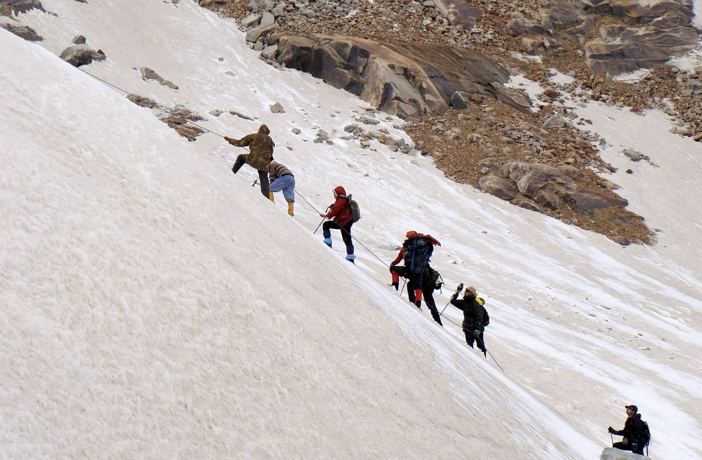 Climbing a glacier slope below Lamkhaga pass