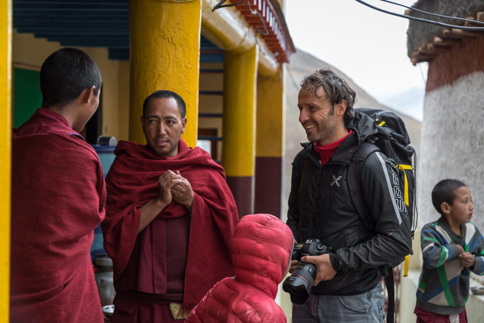 Talking to monks at Key monastery Gompa