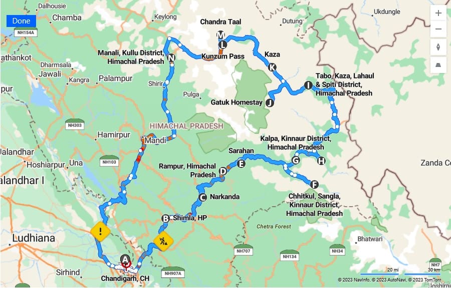 Map of Spiti valley circuit road trip