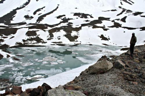 frozen lake at base camp , Charang - La. Kinner Kailash Parikrama trek